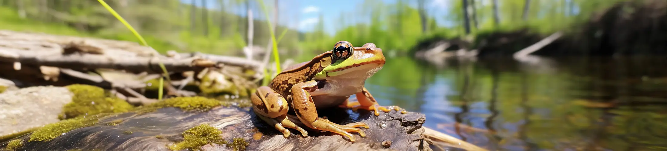 Frosch an einem See mit blauem Himmel