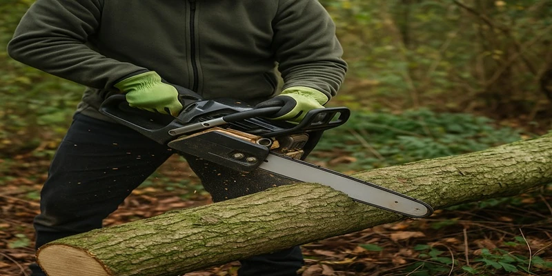 Mensch mit Kettensäge, der einen Baumstamm sägt