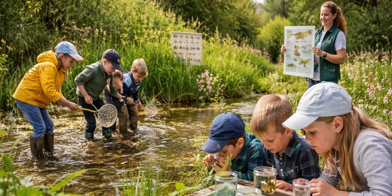KI Generiert - Kinder beim Entdecken der Teichbewohner 800x400